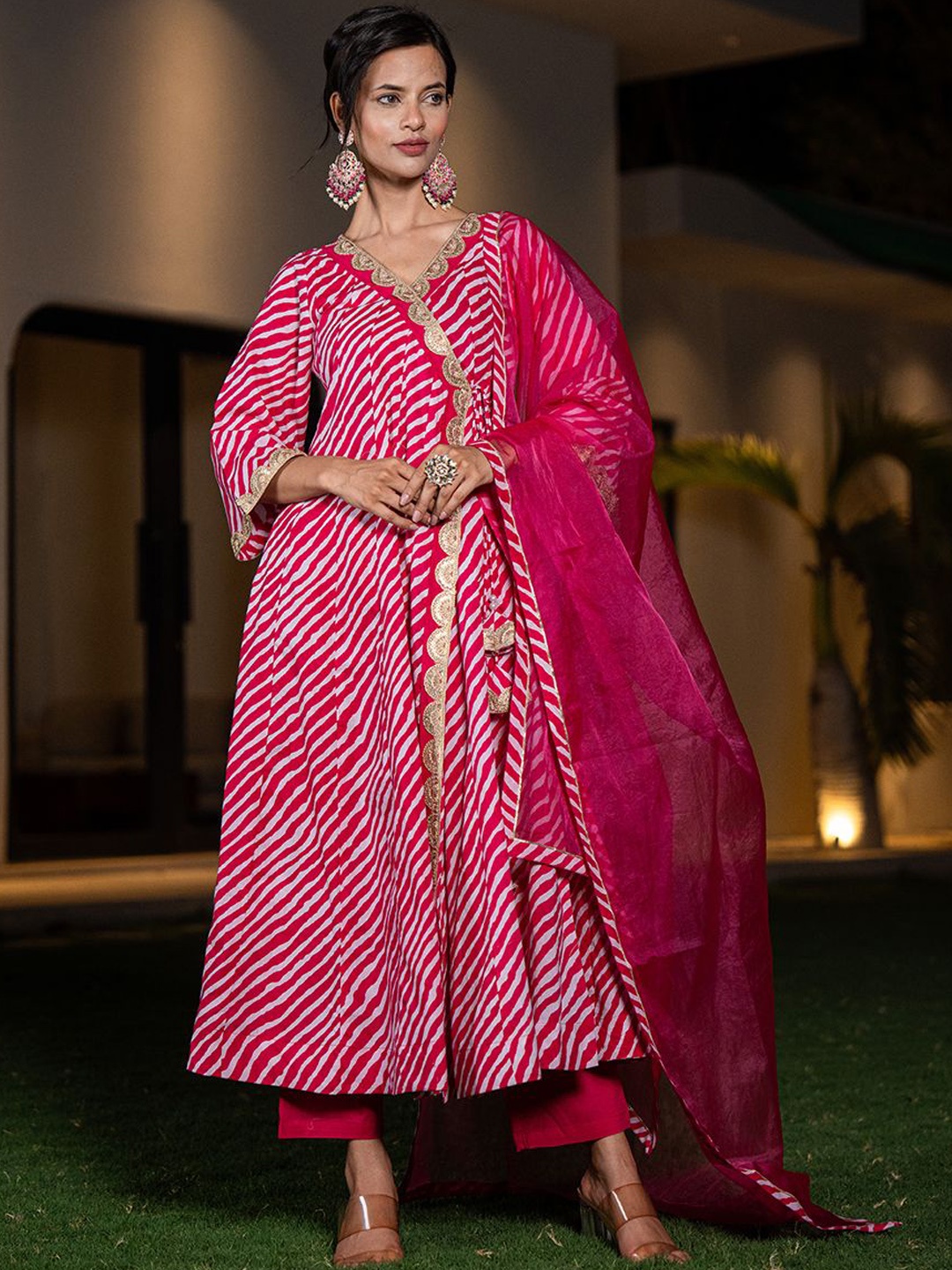 

Yufta Women Leheriya Printed Angrakha Sequinned Pure Cotton Kurta with Trousers & With Dupatta, Pink