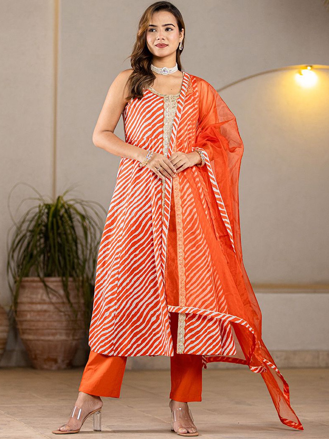 

Yufta Women Leheriya Embroidered Regular Gotta Patti Pure Cotton Kurta with Trousers & With Dupatta, Orange