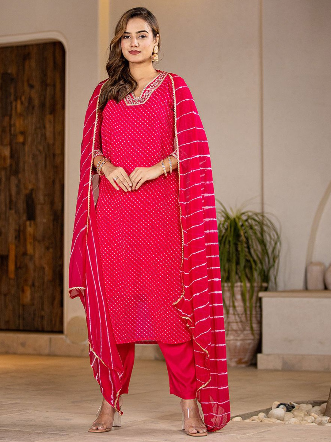 

Yufta Women Striped Regular Thread Work Kurta with Trousers & With Dupatta, Pink