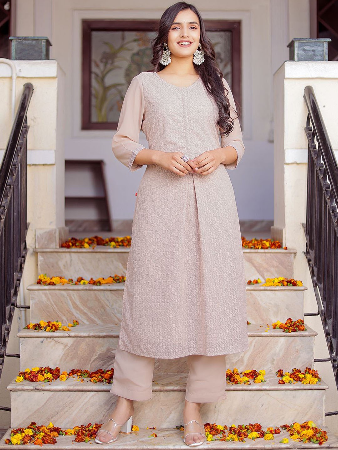 

VASVI Women Floral Embroidered Regular Sequinned Kurta with Trousers, Beige