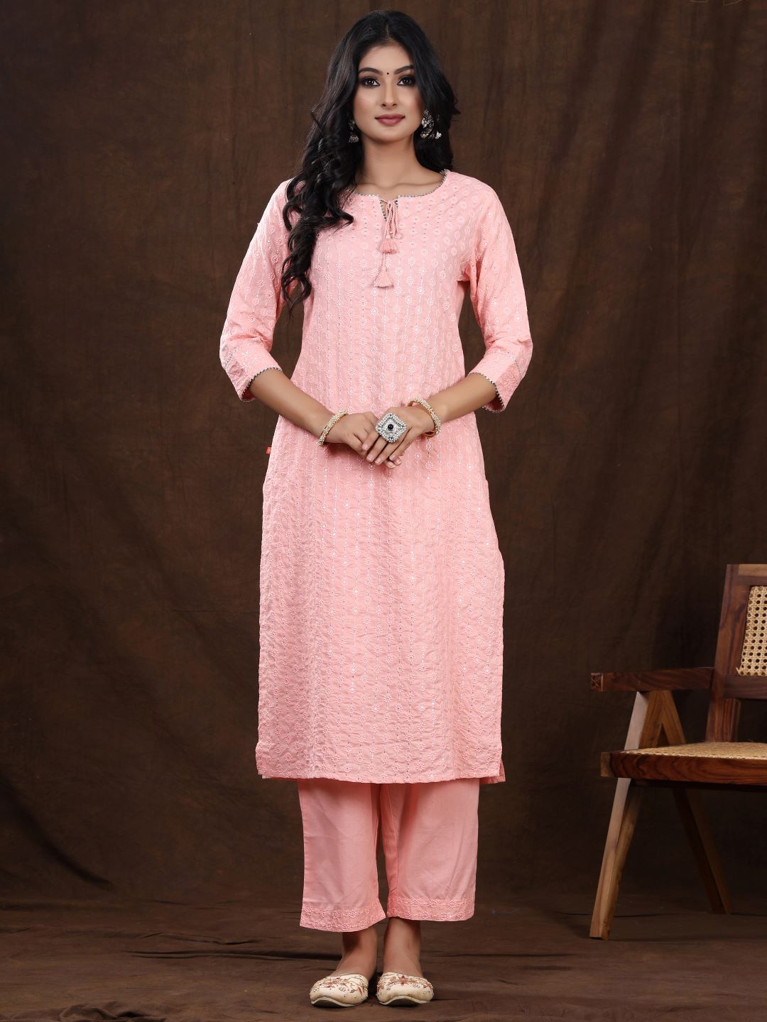 

VASVI Women Floral Embroidered Regular Sequinned Kurta with Pyjamas, Peach