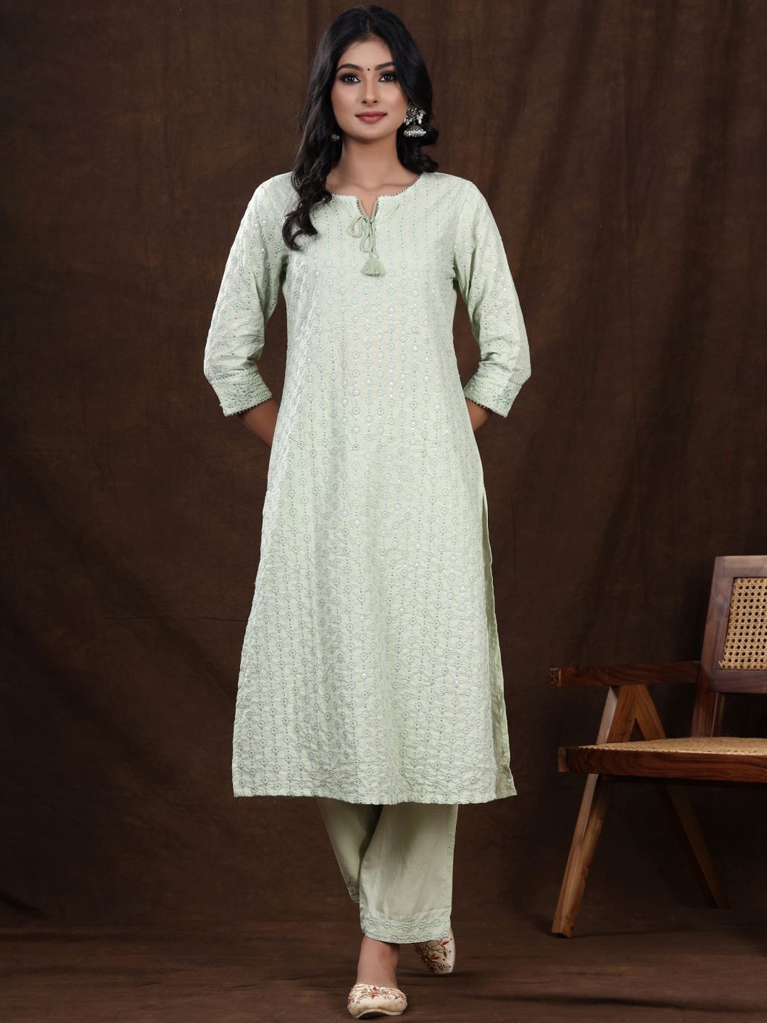 

VASVI Women Embroidered Regular Sequinned Kurta with Palazzos, Green