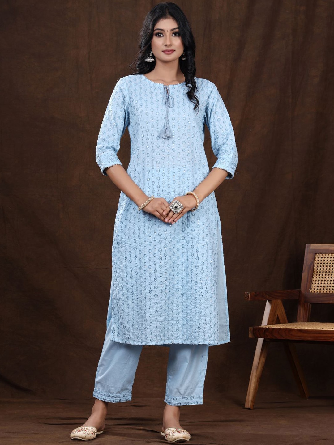 

VASVI Women Floral Embroidered Regular Sequinned Kurta with Trousers, Blue