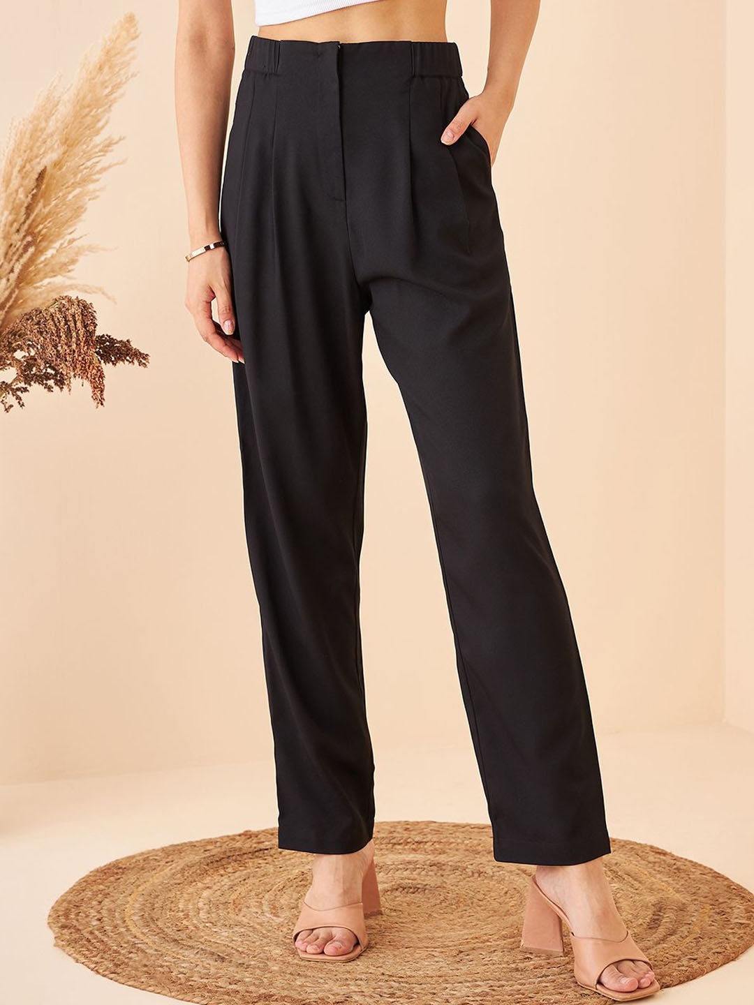

Kibo Women Relaxed Straight Fit High-Rise Pleated Trousers, Black
