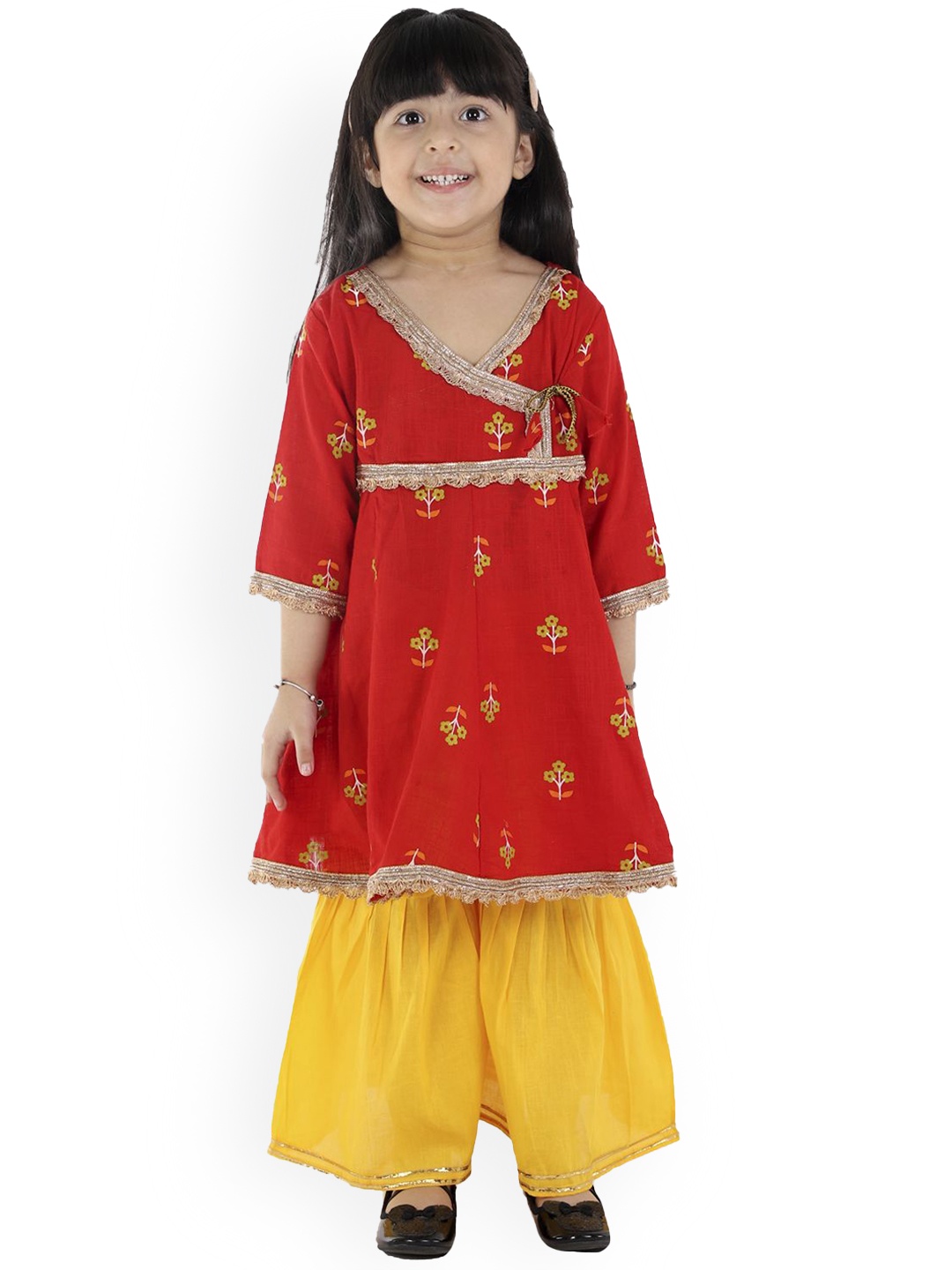 BAESD Girls Floral Printed Angrakha Thread Work Kurta with Sharara, Red