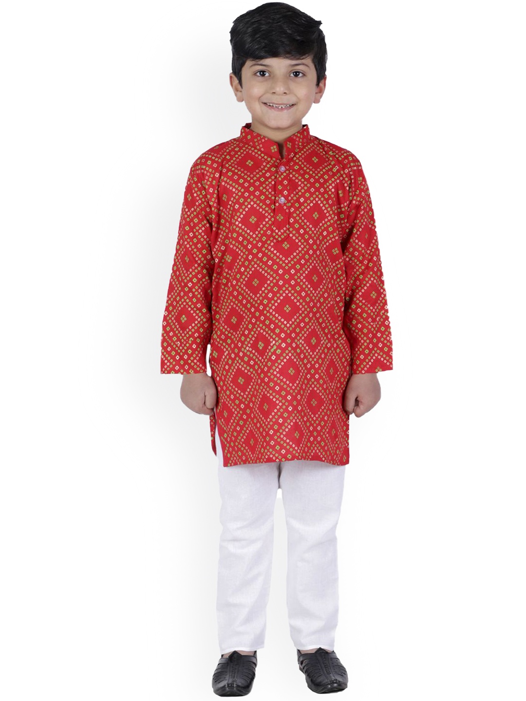 

BAESD Boys Bandhani Printed Regular Thread Work Kurta with Pyjamas, Red