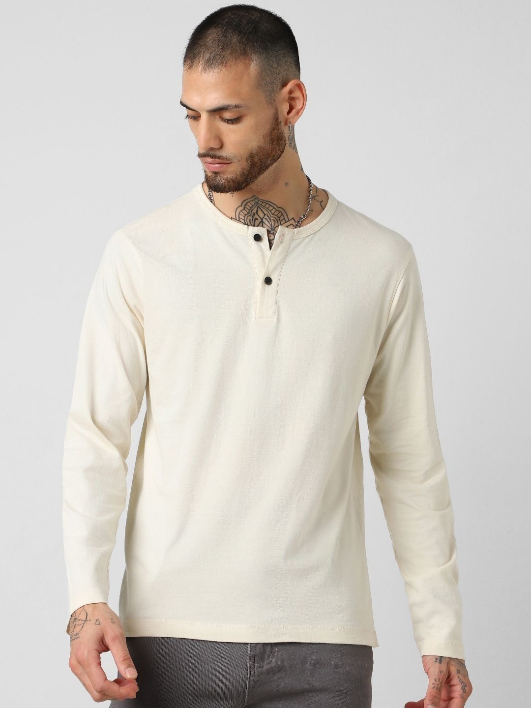 

VASTRADO Henley Neck Cotton T-shirt, Off white