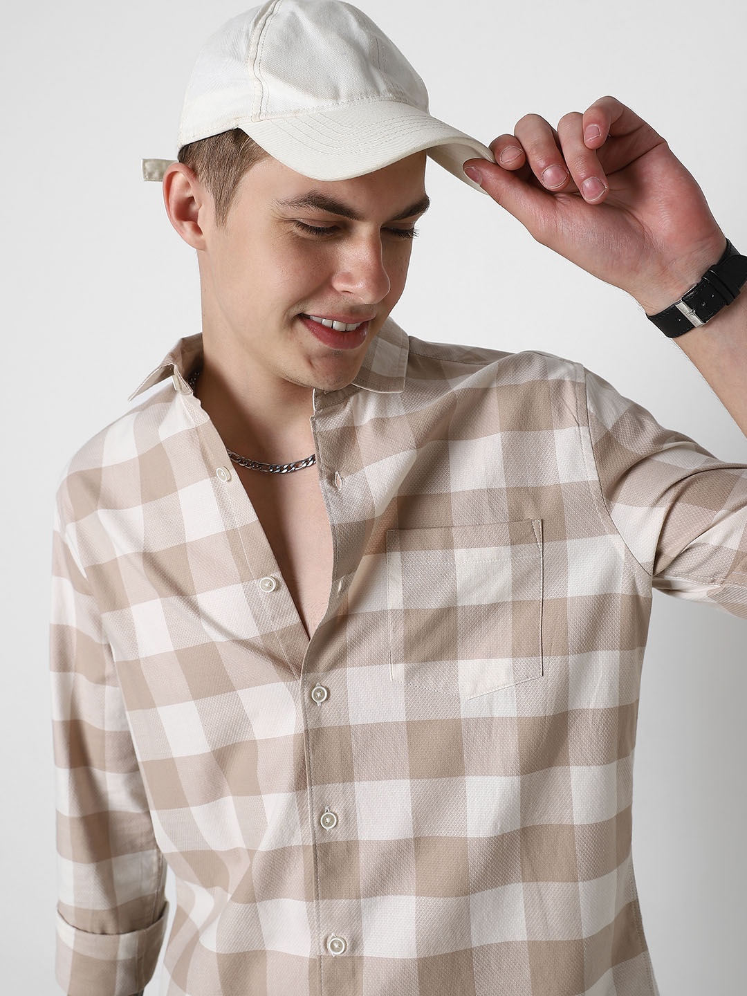 

VASTRADO Men Classic Slim Fit Buffalo Checks Opaque Checked Casual Shirt, Beige