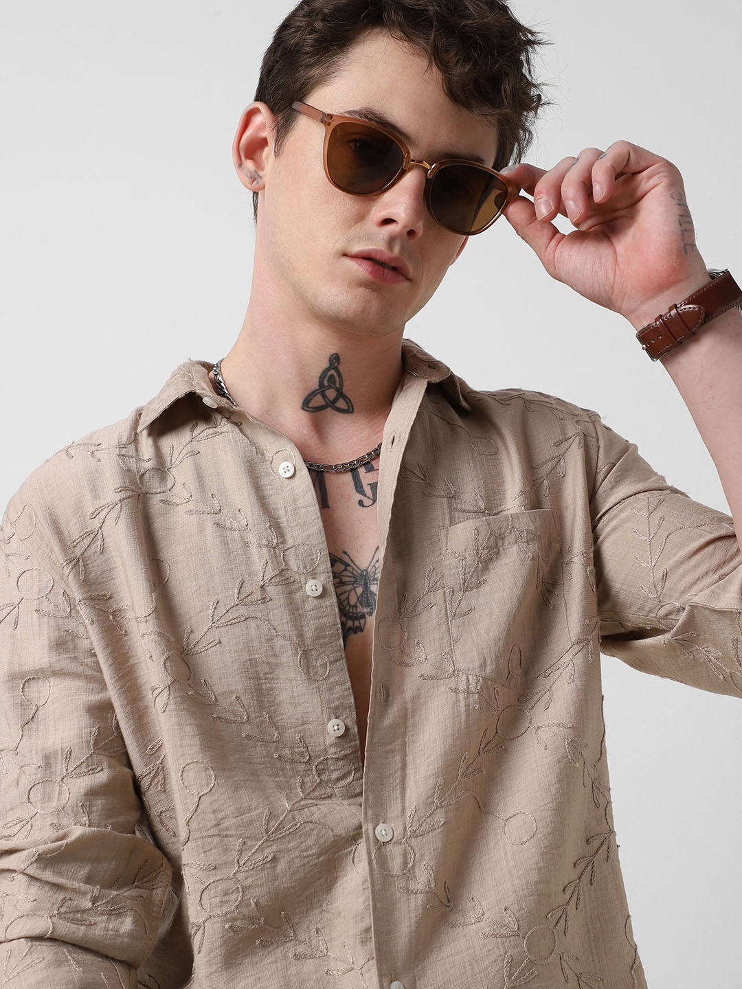 

VASTRADO Classic Slim Fit Floral Embroidered Spread Collar Cotton Shirt, Beige