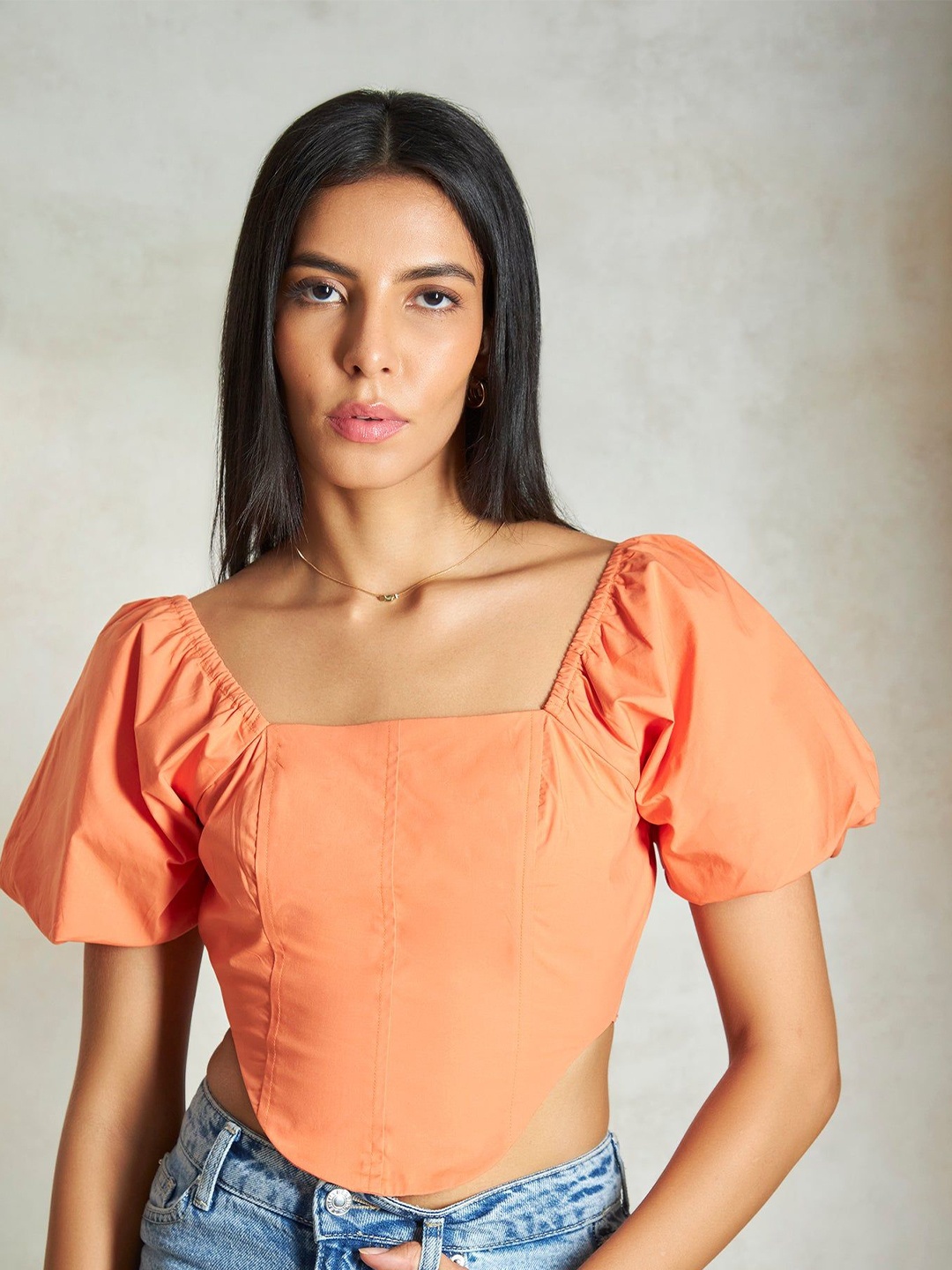 

Virgio Women Solid Square Neck Crop Length Puff Cotton Top, Orange