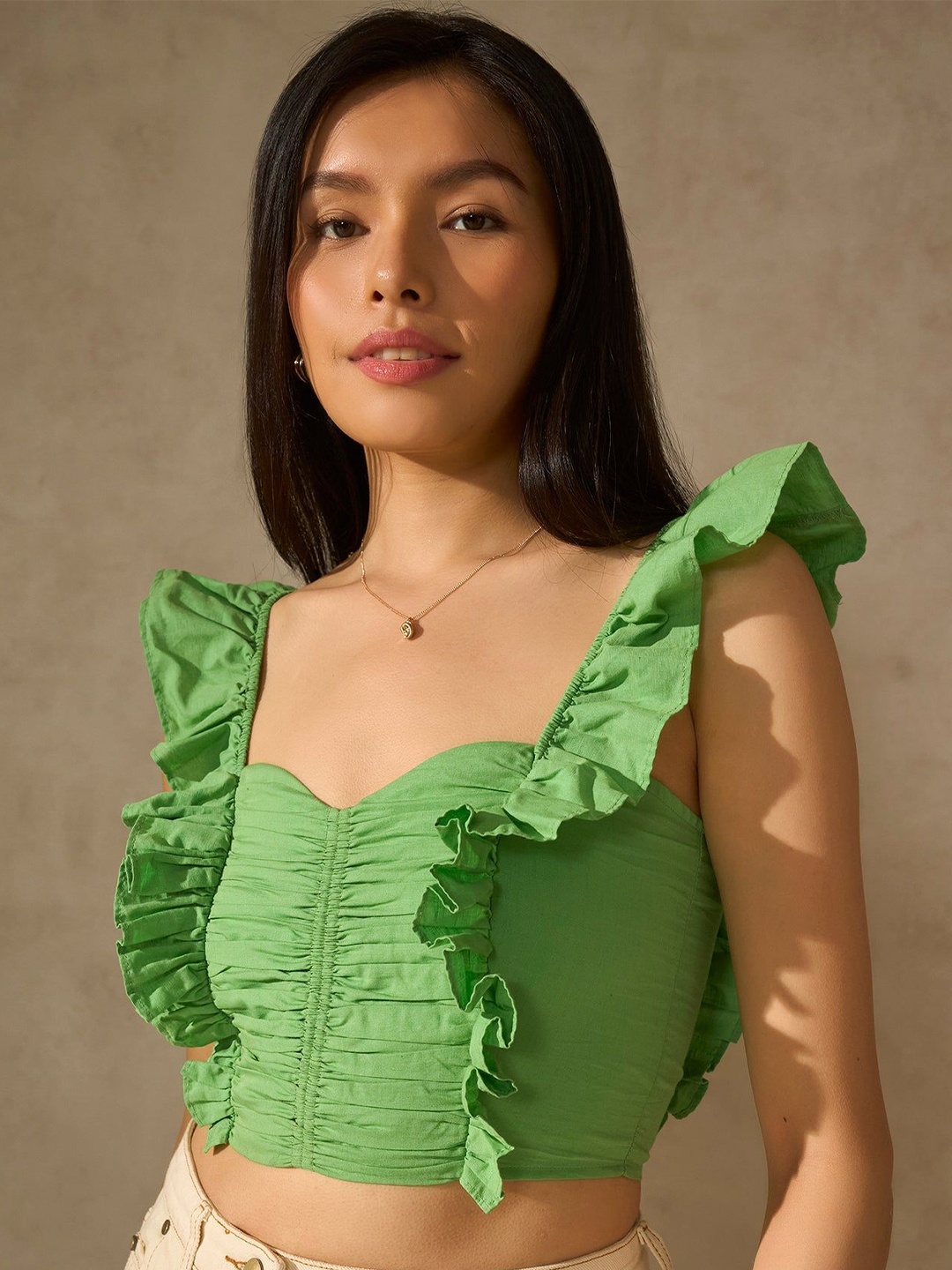 

Virgio Sweetheart Neck Cotton Crop Top, Green