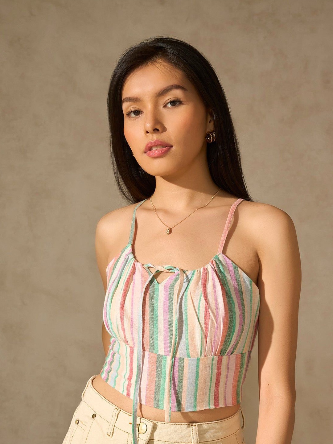 

Virgio Women Striped Curved Neck Crop Length Linen Top, Multi