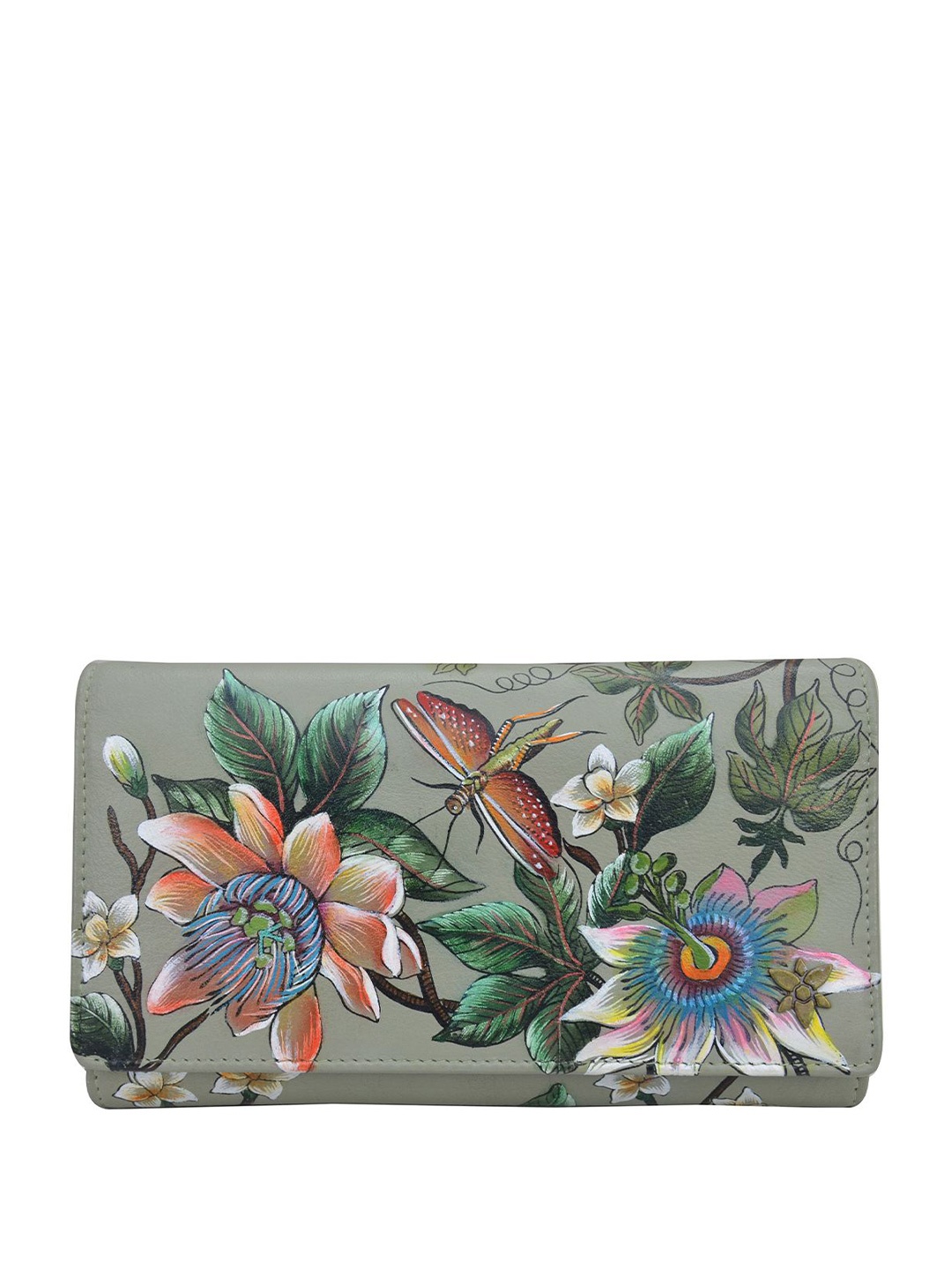 

Anuschka Women Floral Printed Leather Three Fold Wallet, Grey