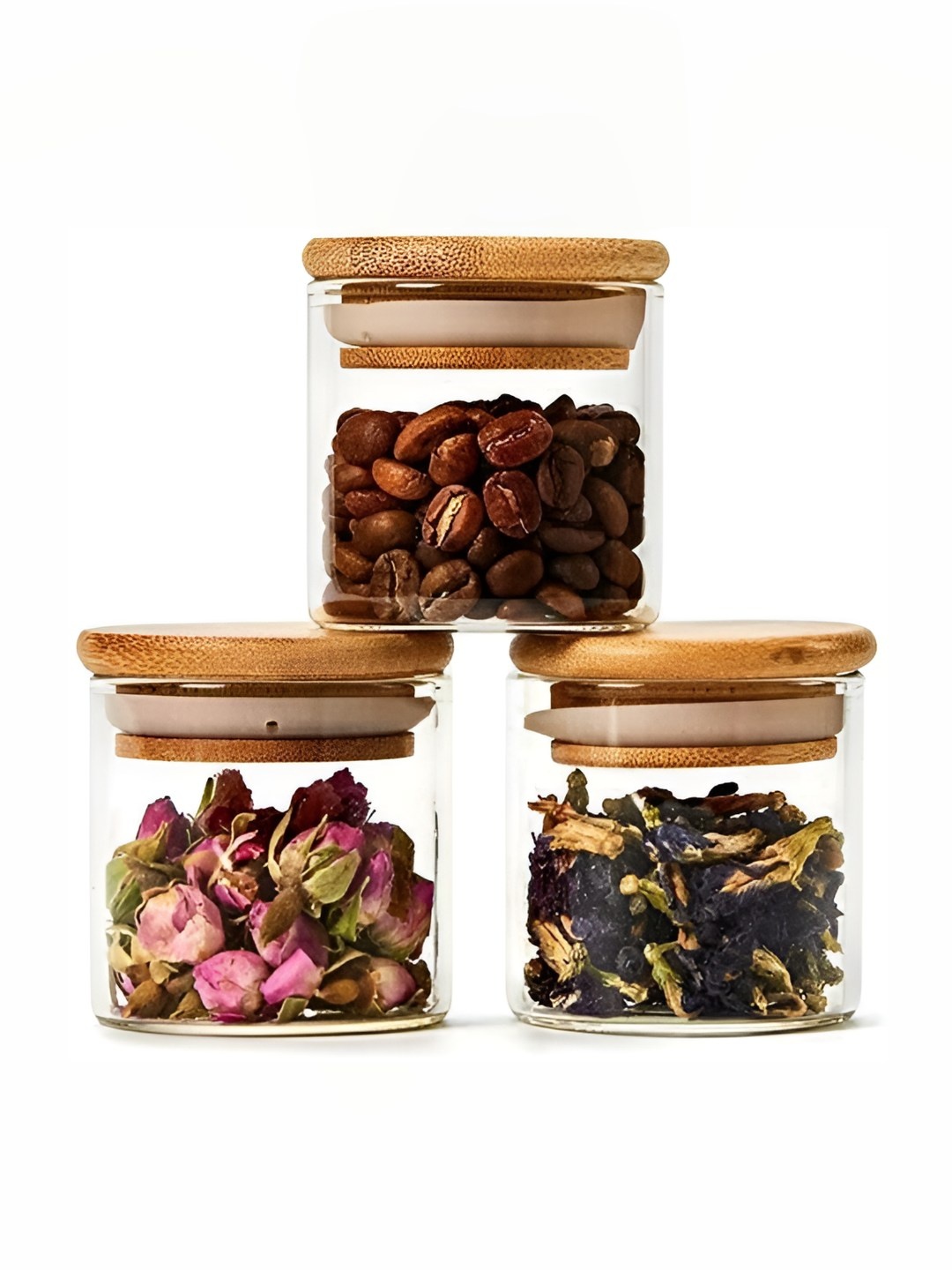 

Tap2kaart Set Of 3 Transparent Wooden & Glass Jars With Lid