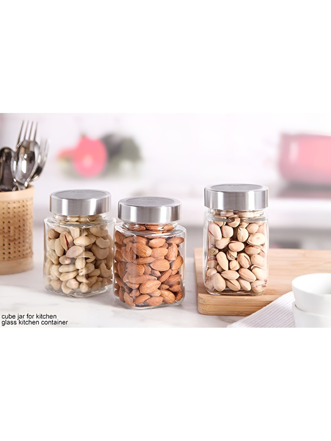 

Tap2kaart 3 Pcs Transparent Glass Fridge Containers- 300 ML, Silver