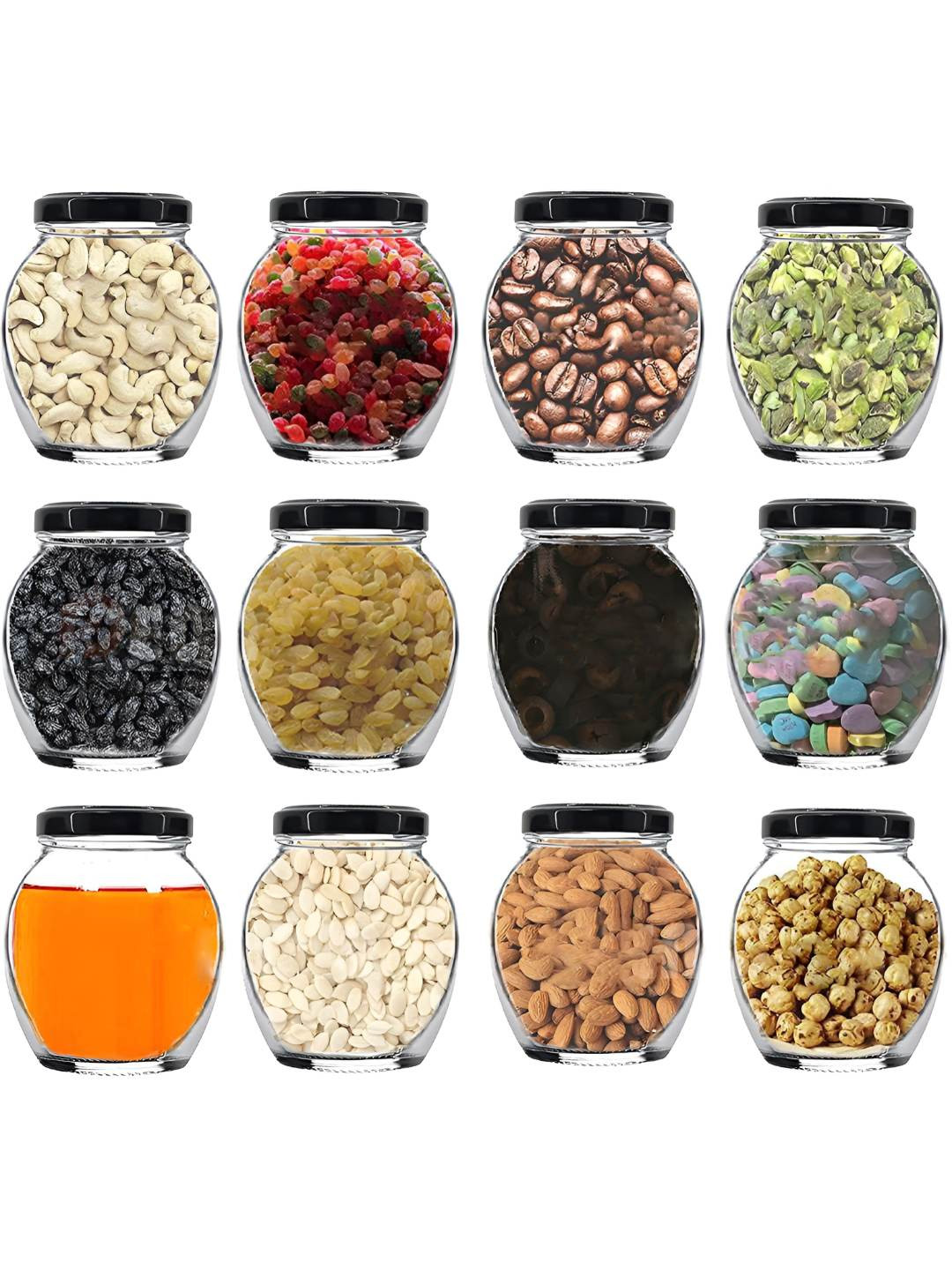 

Tap2kaart 12-Pcs Transparent & Black Lid Matka Shape Storage Glass Container