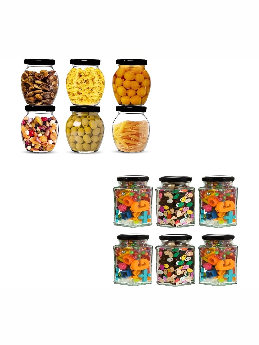 

JIGSHTIAL 12-Pcs Transparent Matka & Hexagonal Shape Storage Glass Container, Black