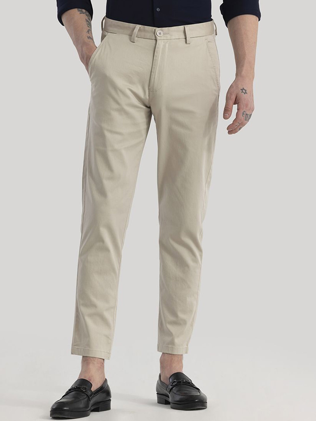 

Snitch Men Smart Slim Fit Chinos Trousers, Beige