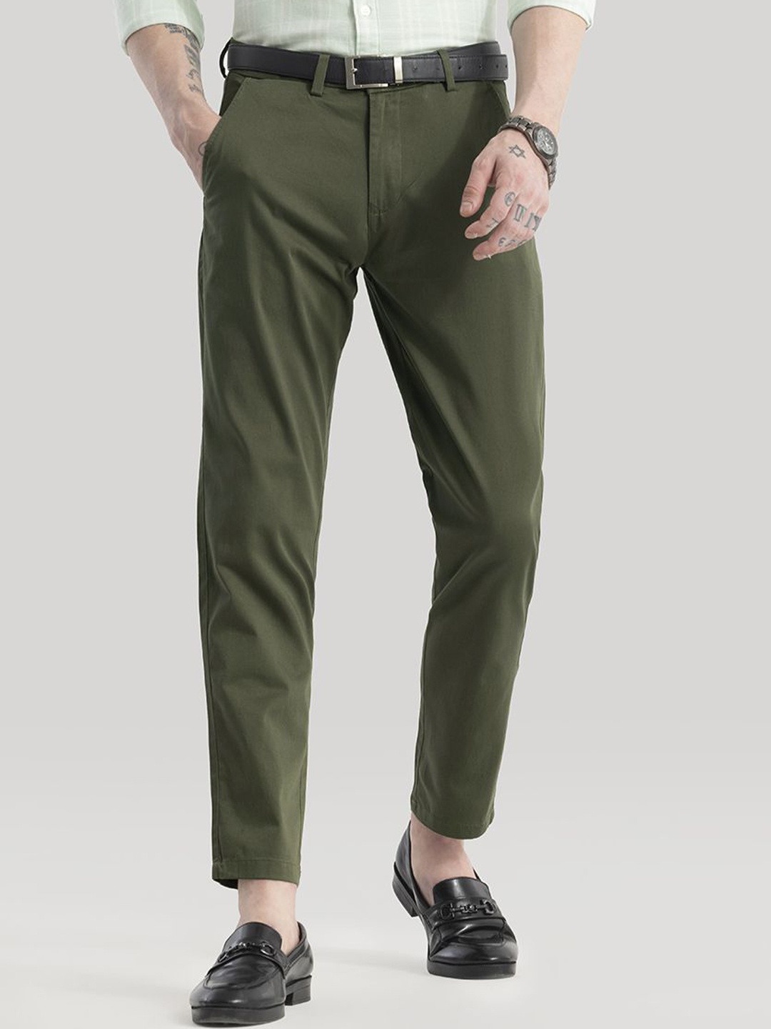 

Snitch Men Smart Slim Fit Trousers, Olive