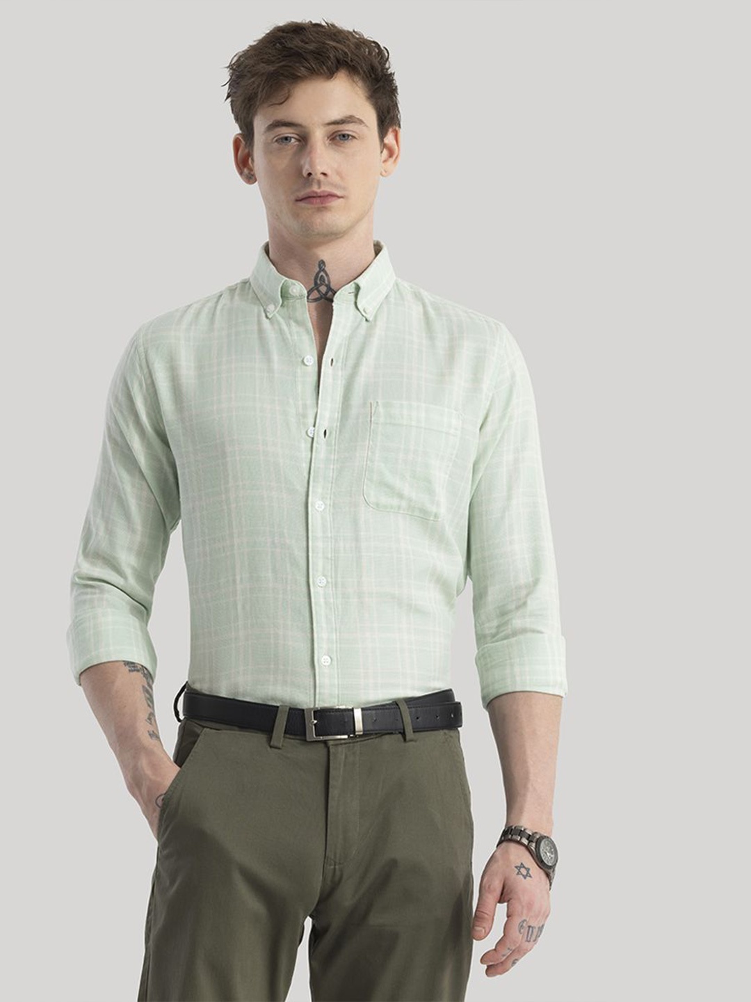

Snitch Men Standard Slim Fit Opaque Checked Casual Shirt, Green