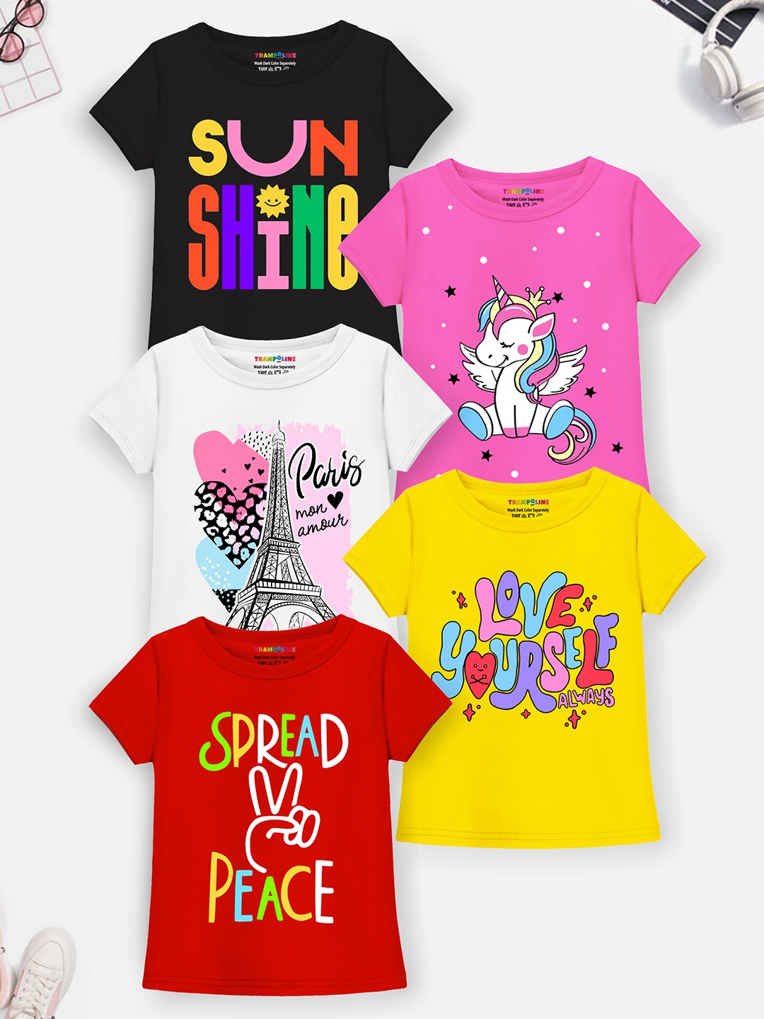 

YK X Trampoline Girls Pack Of 5 Graphic Printed T-shirt, Pink