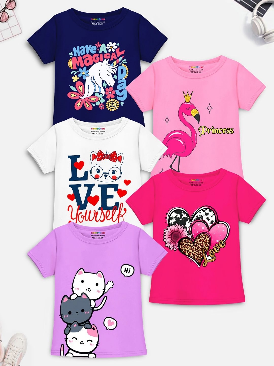 

YK X Trampoline Girls Pack Of 5 Graphic Printed Round Neck T-shirts, White
