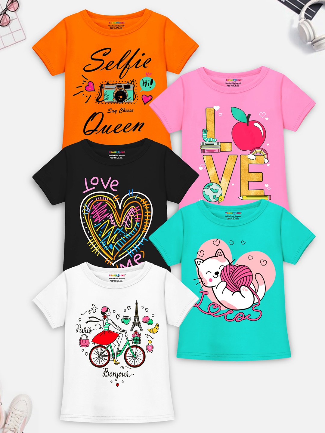 YK X Trampoline Girls Pack Of 5 Typography Printed T-shirt, Orange