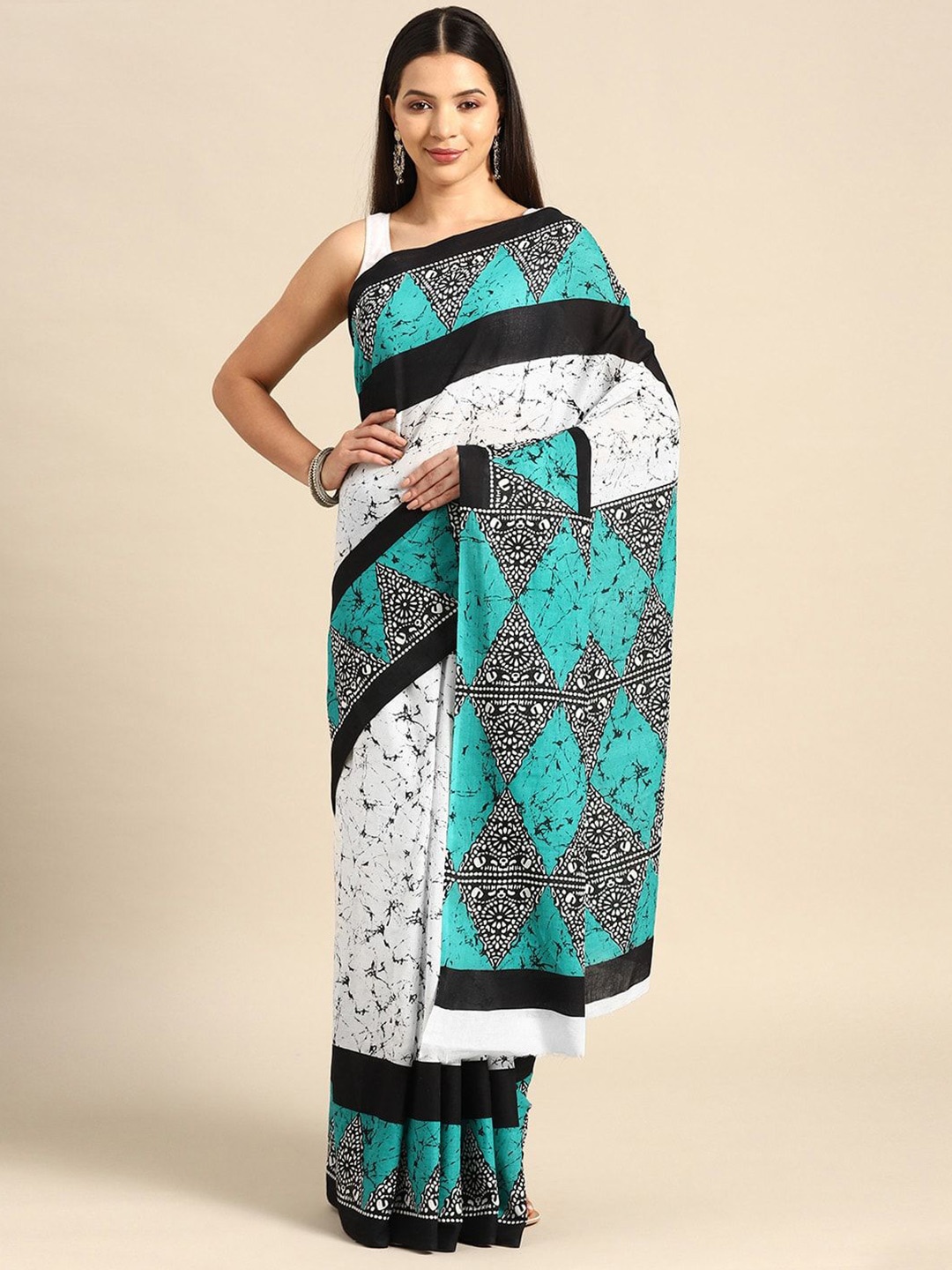 

JAIPURI PRINT Batik Pure Cotton Bandhani Saree, Blue