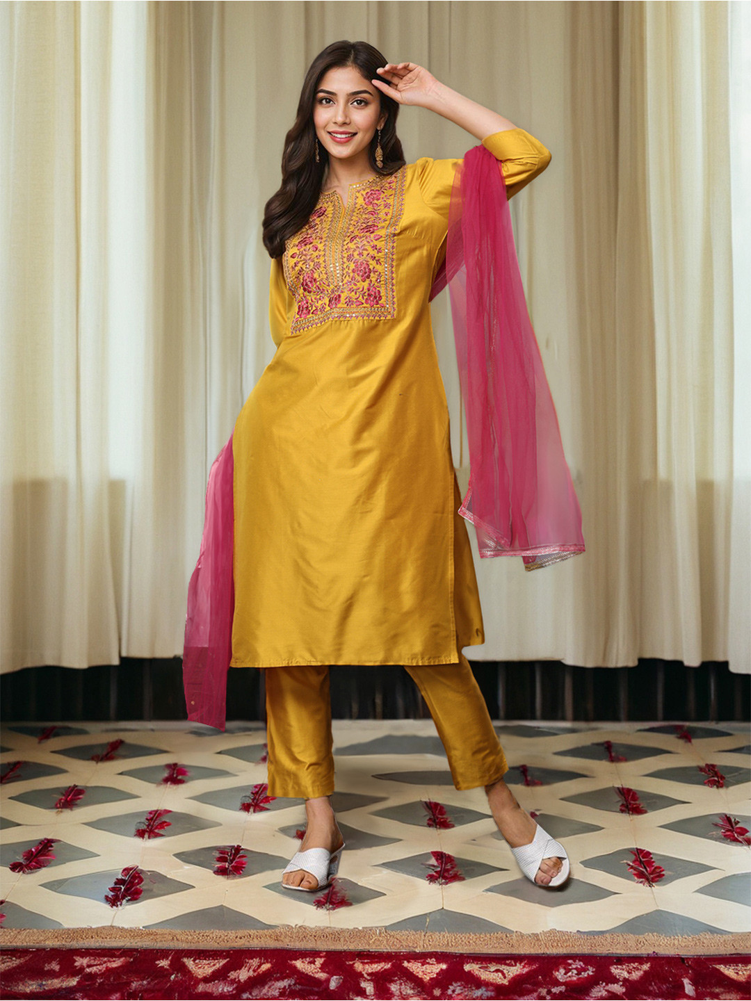 

Ishin Women Floral Yoke Design Regular Thread Work Kurta with Trousers & With Dupatta, Mustard
