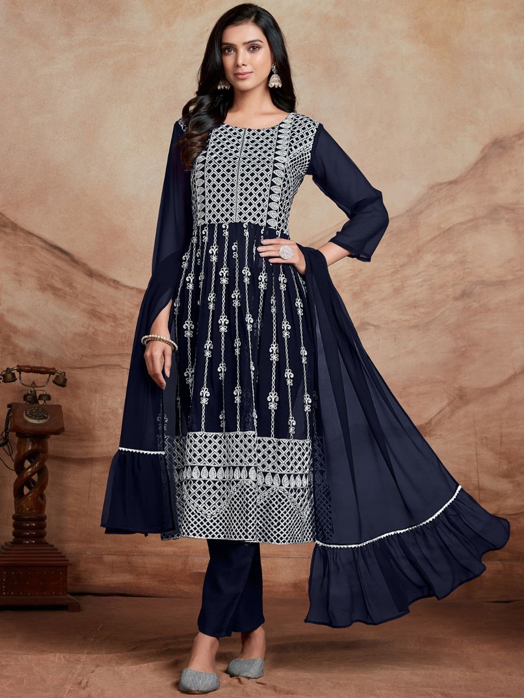 

KALINI Women Ethnic Motifs Embroidered Regular Chikankari Kurta with Trousers & With Dupatta, Navy blue