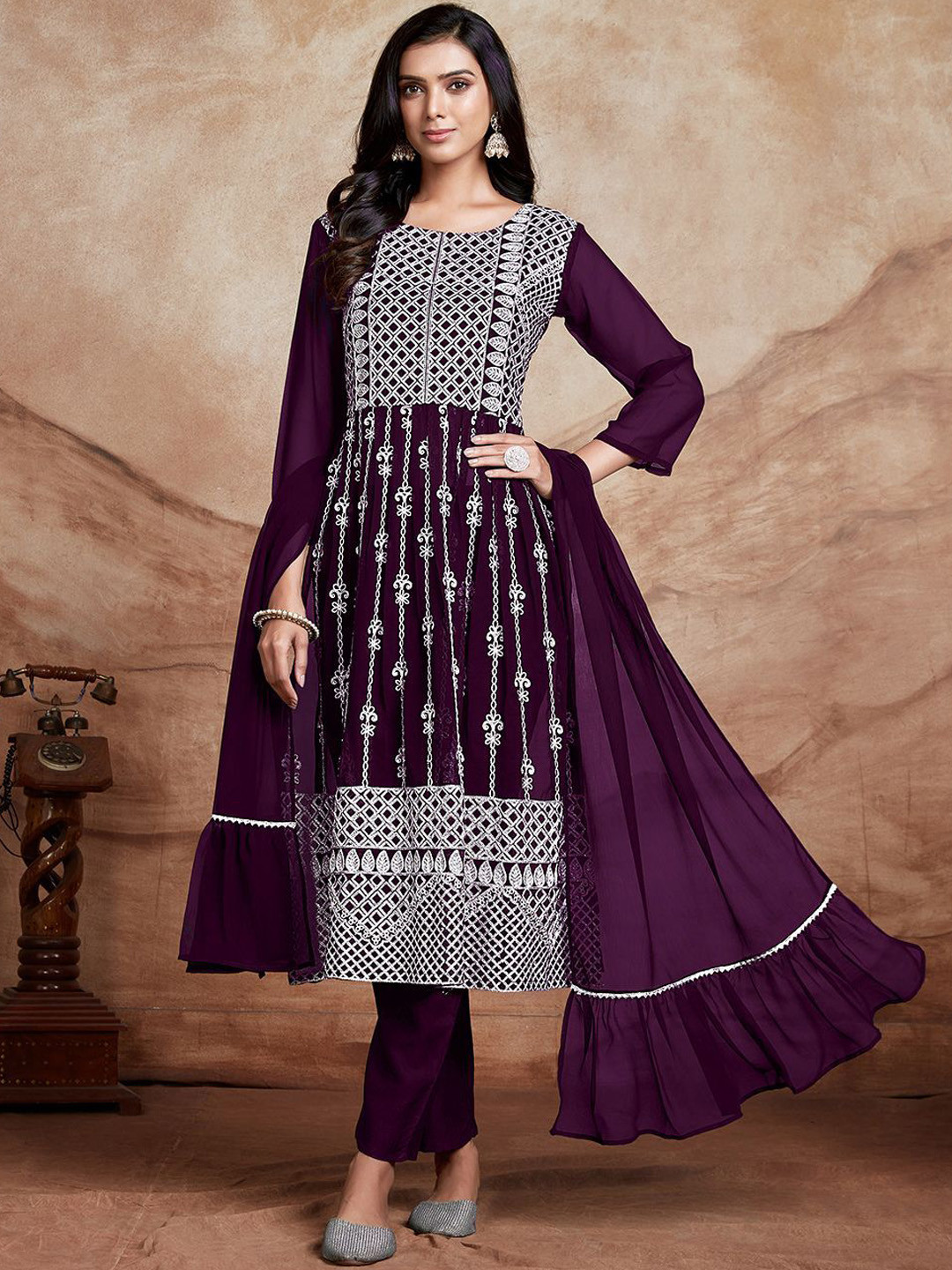 

KALINI Women Ethnic Motifs Embroidered Regular Chikankari Kurta with Trousers & With Dupatta, Purple