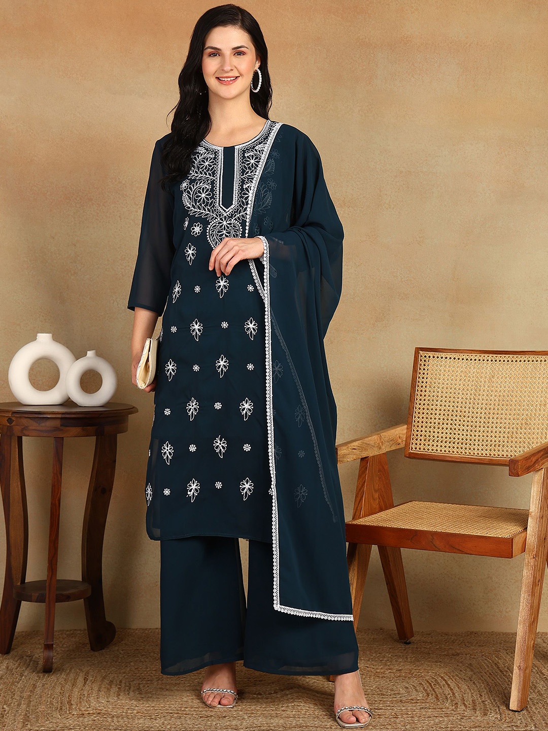 

Rudraaksha Creations Women Floral Embroidered Regular Chikankari Kurta with Palazzos & With Dupatta, Navy blue