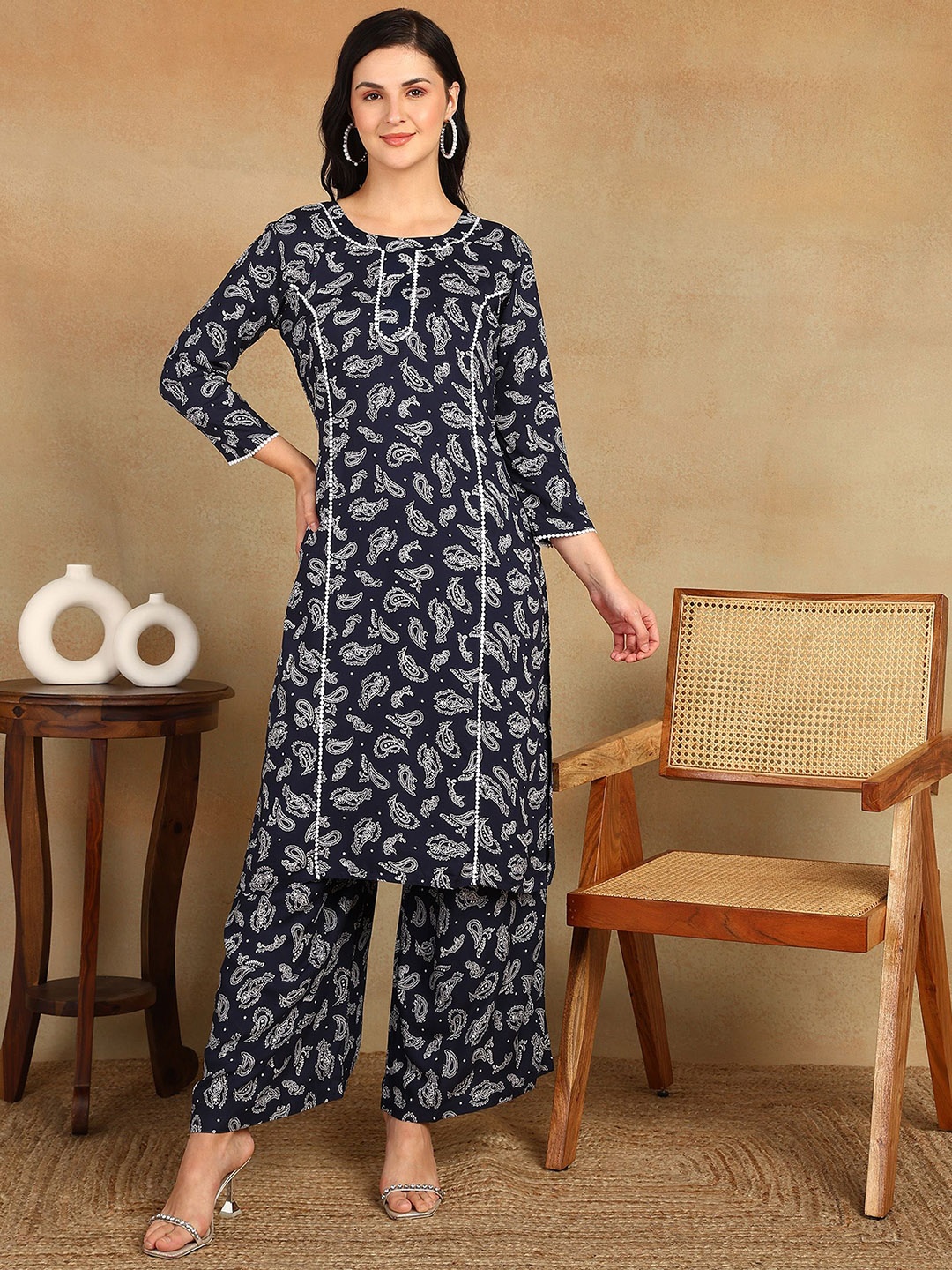 

Rudraaksha Creations Women Paisley Printed Regular Chikankari Kurta with Palazzos & With Dupatta, Navy blue