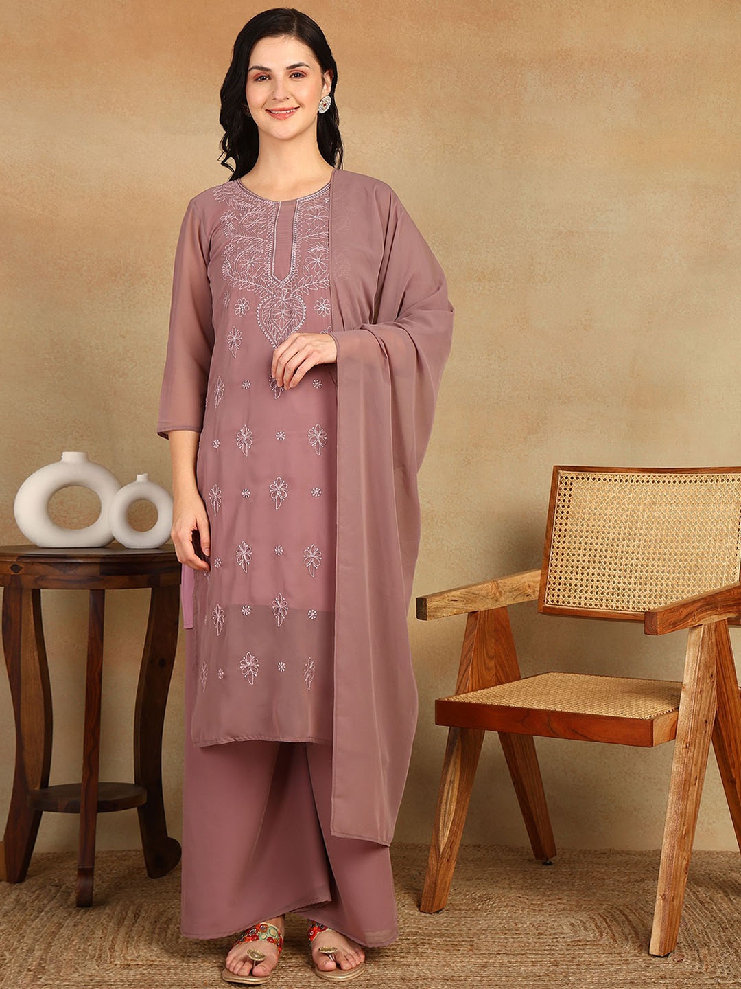 

Rudraaksha Creations Women Floral Embroidered Regular Chikankari Kurta with Palazzos & With Dupatta, Mauve