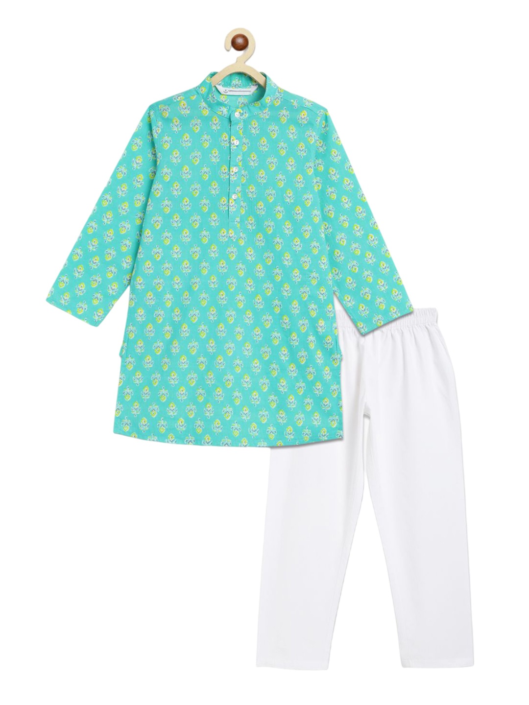 

Campana Boys Floral Printed Regular Pure Cotton Kurta with Pyjamas, Turquoise blue