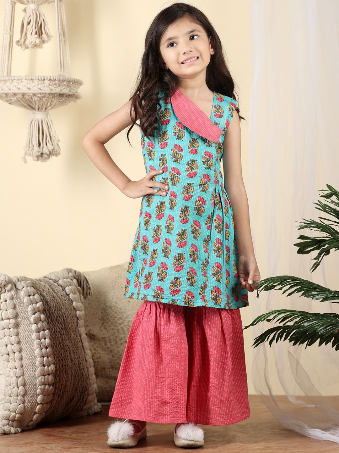 

Sangria Printed Pure Cotton Straight Kurta With Sharara Set, Blue