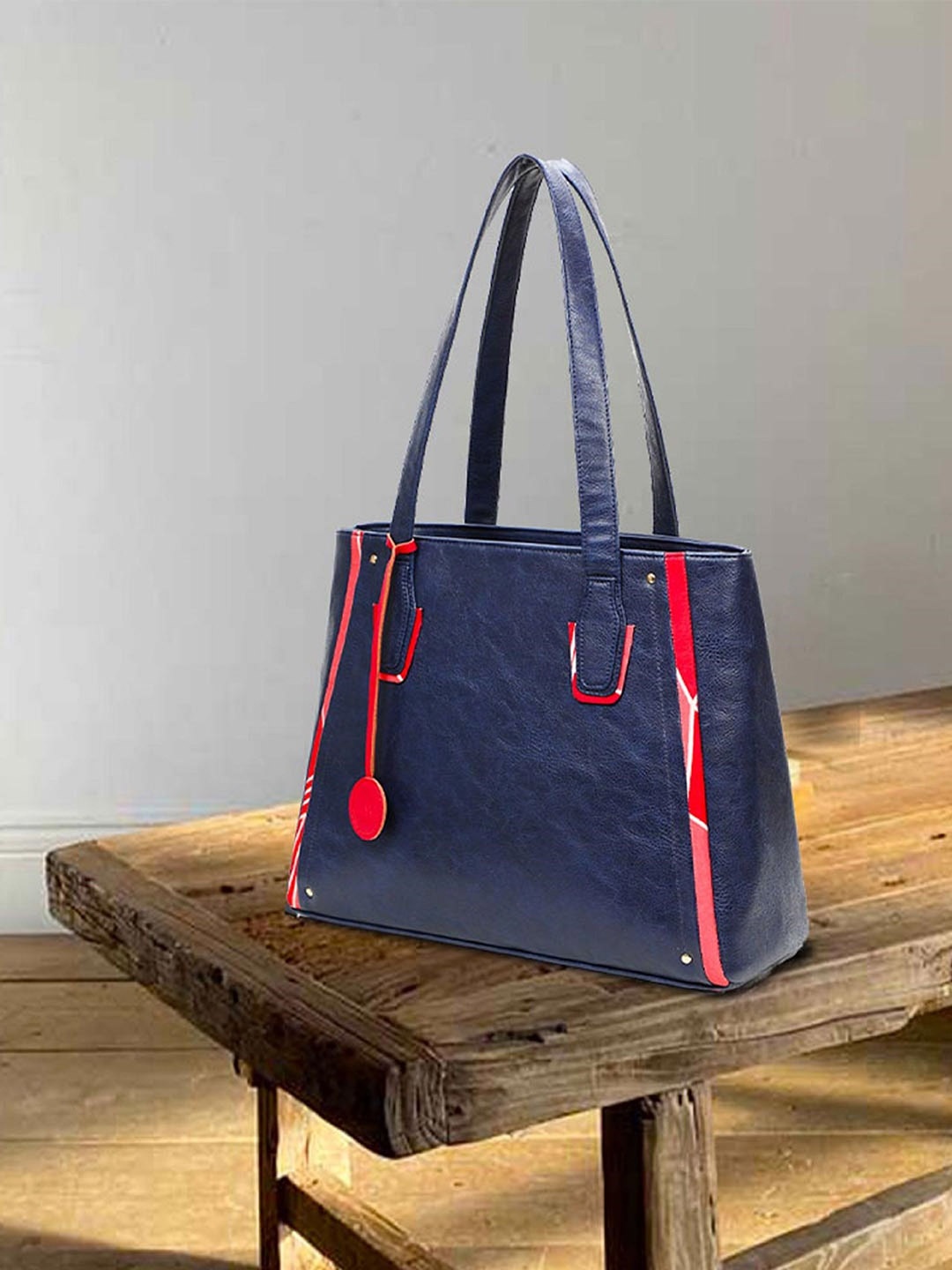 

VASKA Textured Oversized Shopper Tote Bag with Cut Work, Blue
