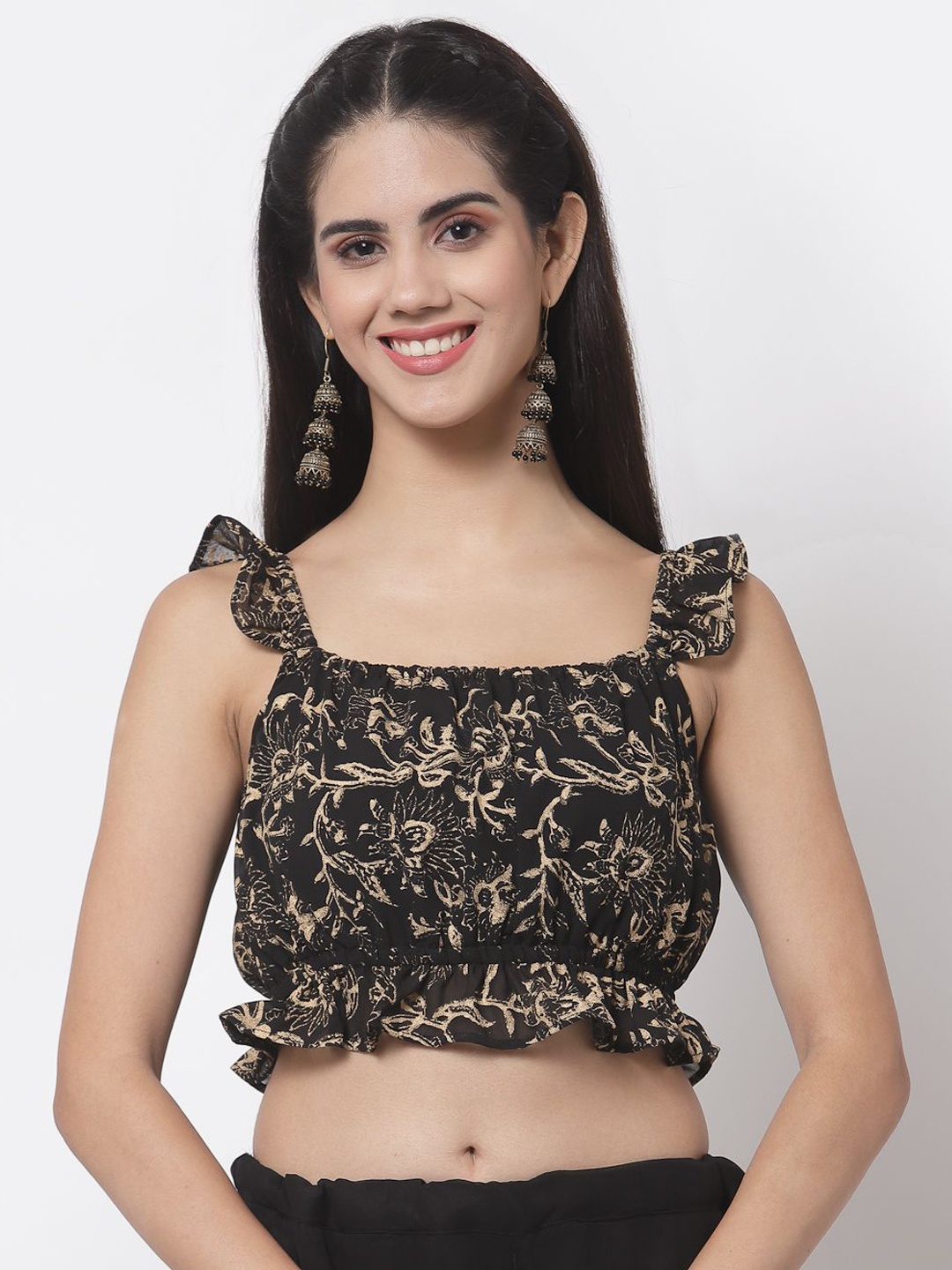 

studio rasa Hand Block Printed Ruffle Saree Blouse, Black