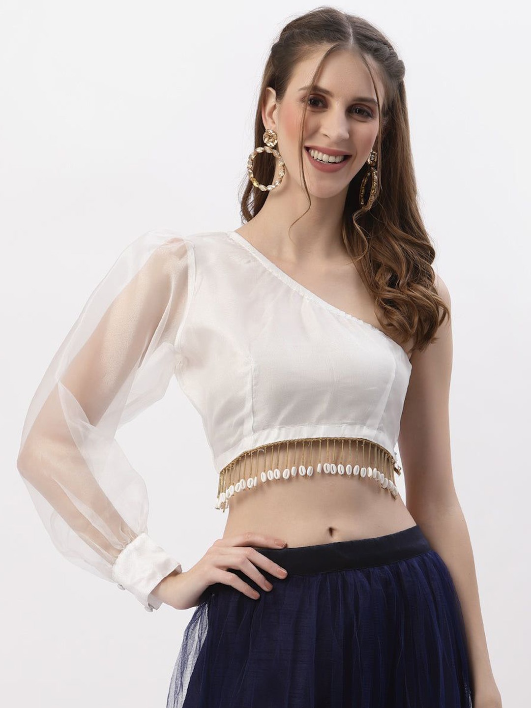 

studio rasa One shoulder Saree Blouse, White