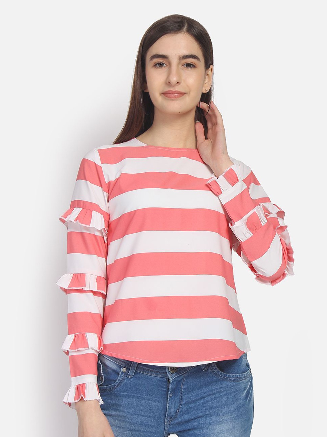 

Yaadleen Striped Ruffles Top, Coral