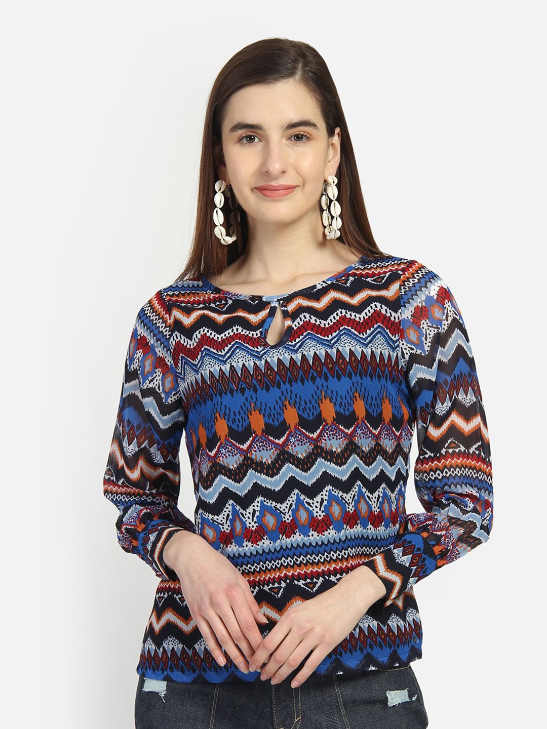 

Yaadleen Geometric Print Keyhole Neck Georgette Top, Multi