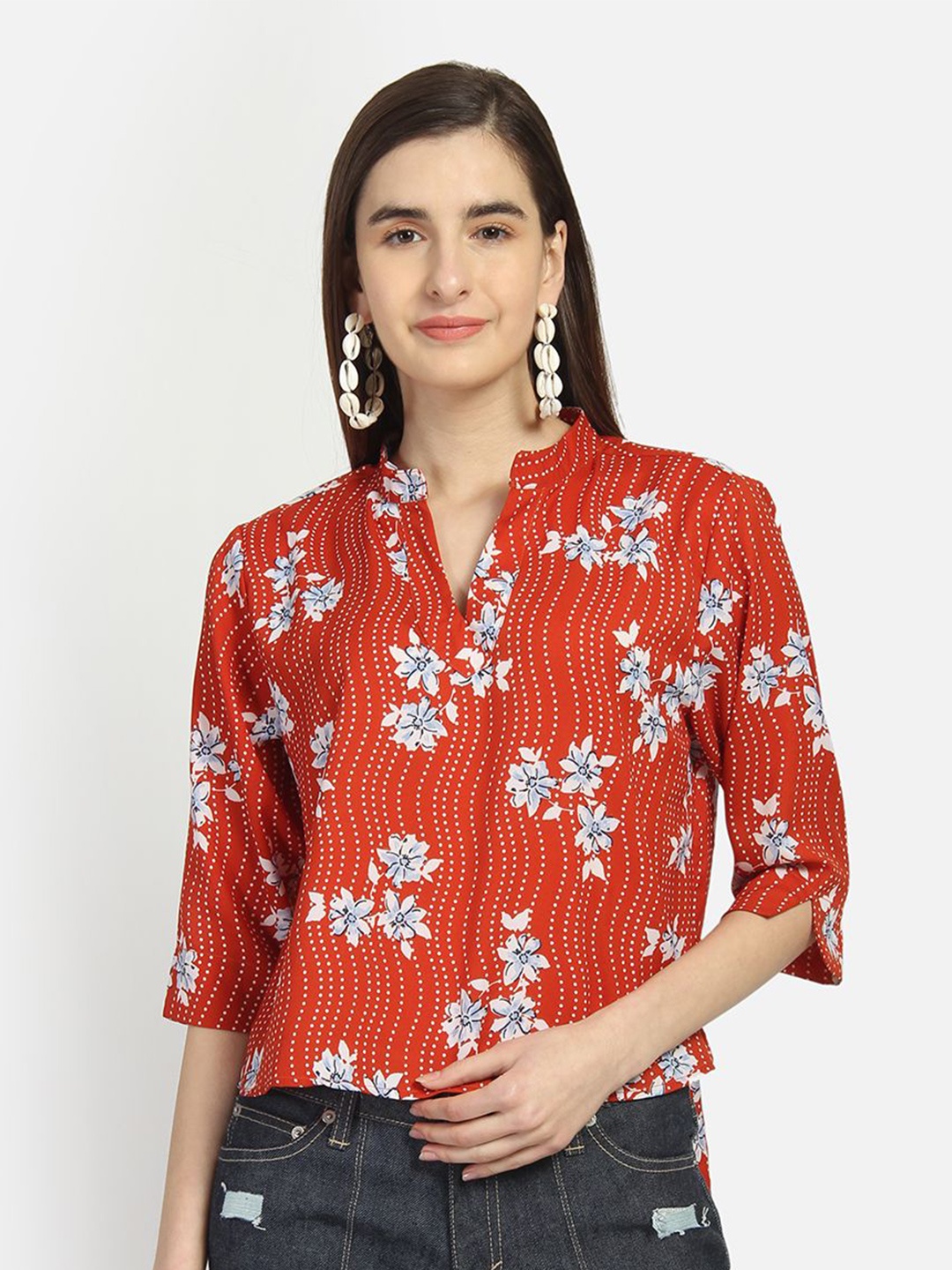 

Yaadleen Floral Print Mandarin Collar Net Top, Orange