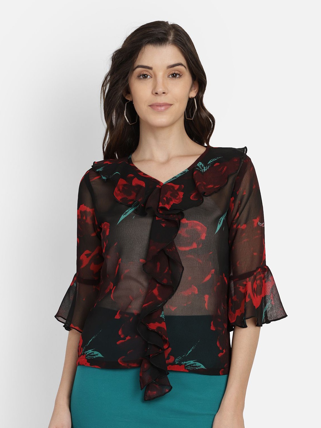 

Yaadleen Floral Print Bell Sleeve Ruffles Georgette Top, Black