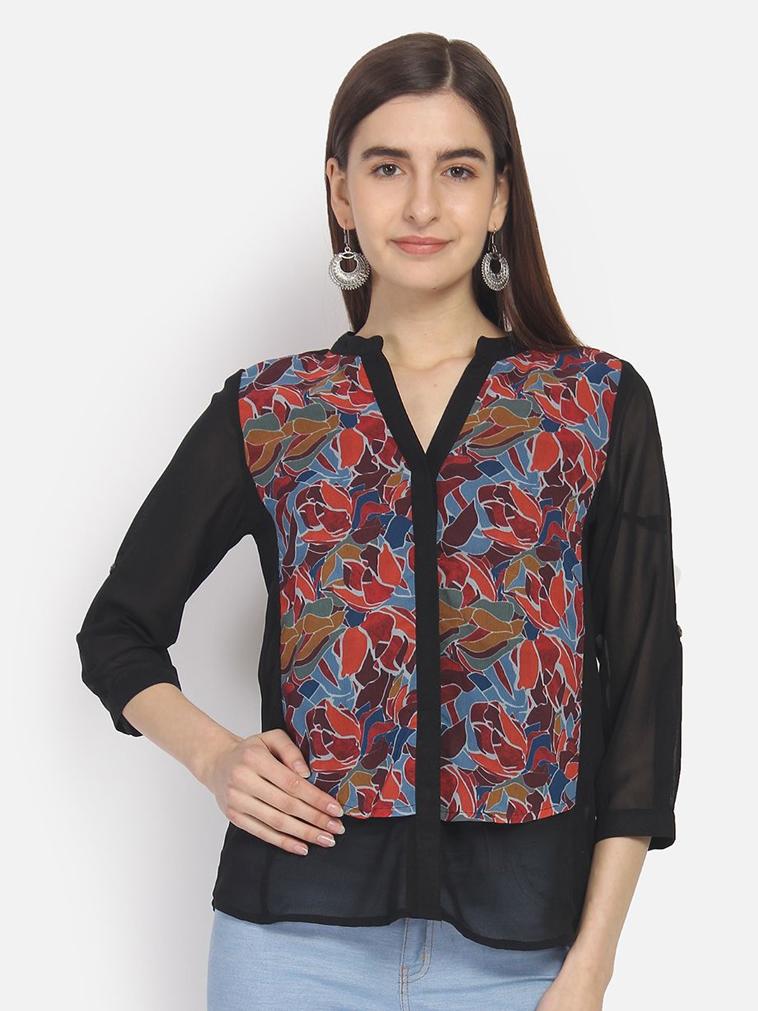 Yaadleen Floral Print Mandarin Collar Georgette Top, Black