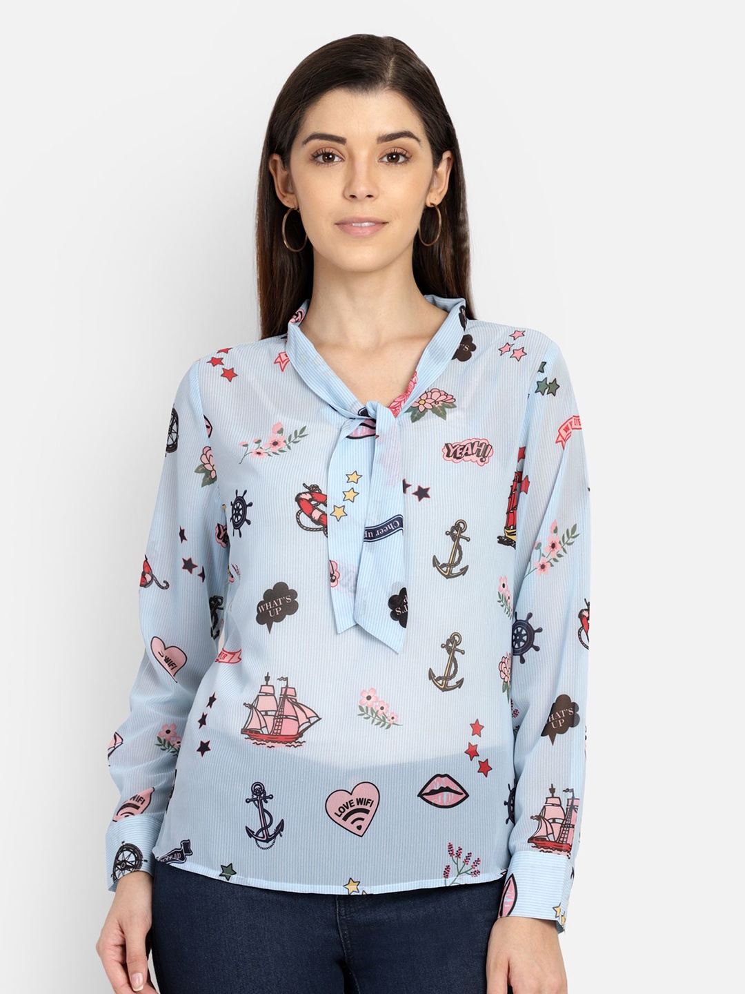 

Yaadleen Print Tie-Up Neck Top, Blue