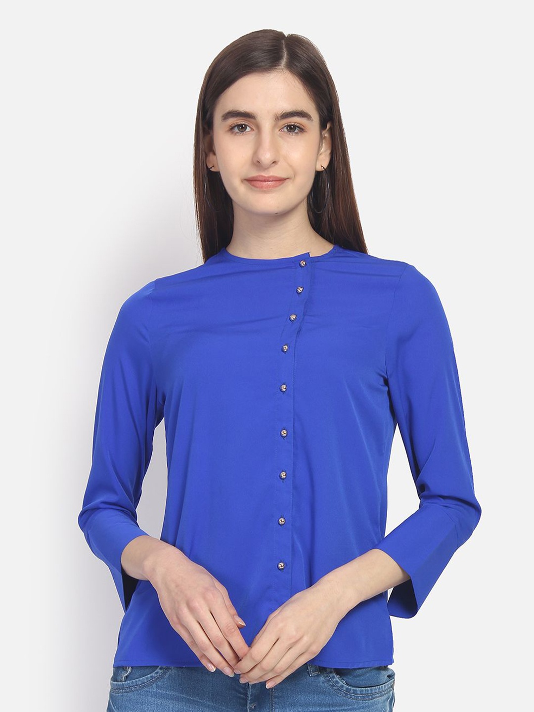 

Yaadleen Mandarin Collar Crepe Shirt Style Top, Blue