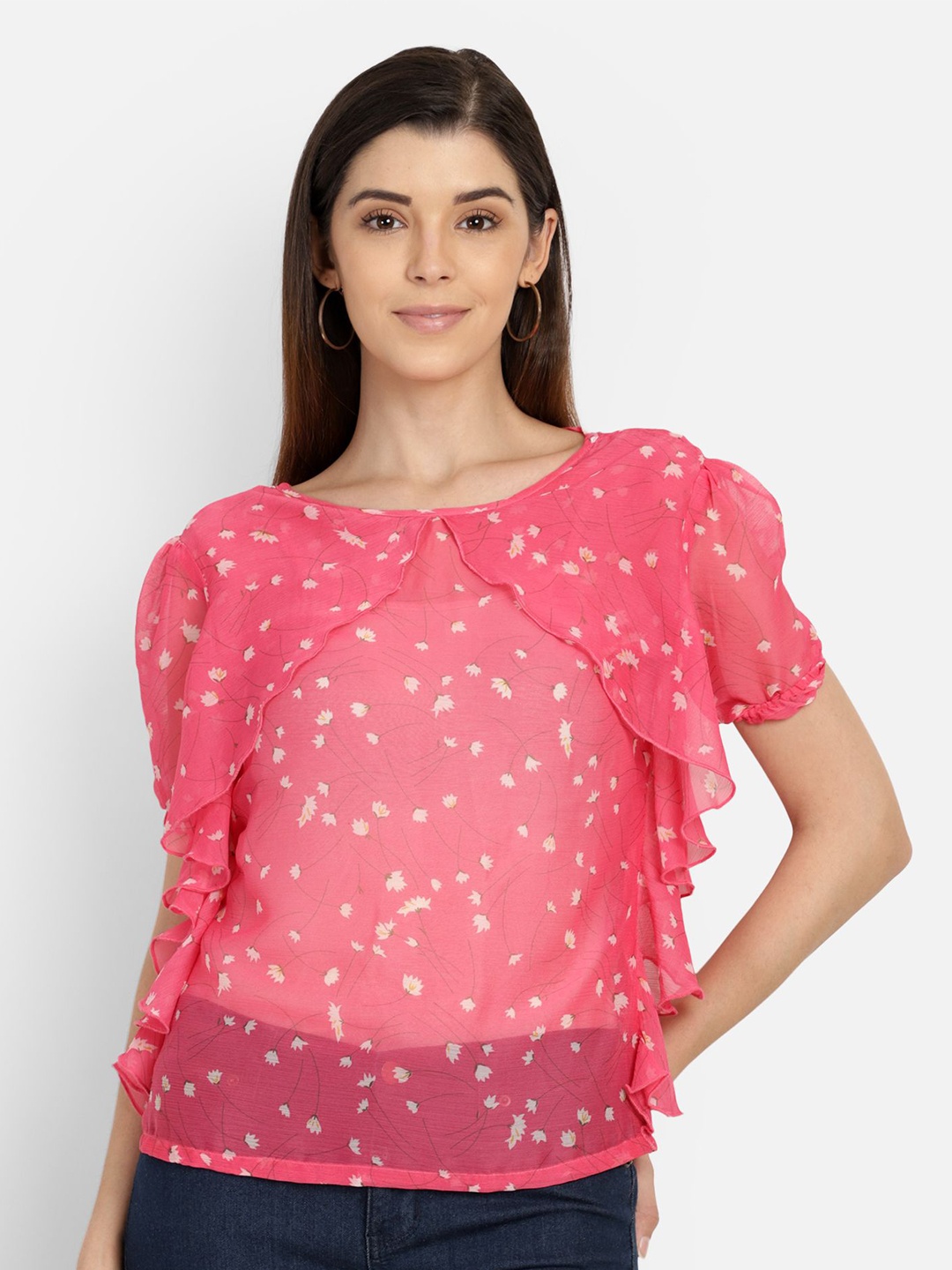 

Yaadleen Floral Print Ruffles Ethnic Georgette Top, Pink