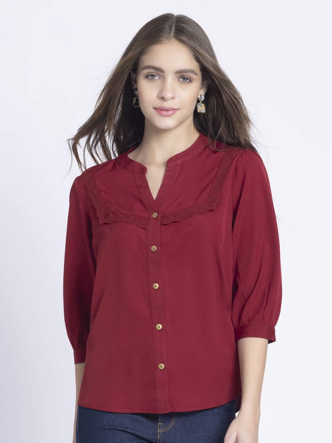 

SHAYE Mandarin Collar Crepe Shirt Style Top, Maroon