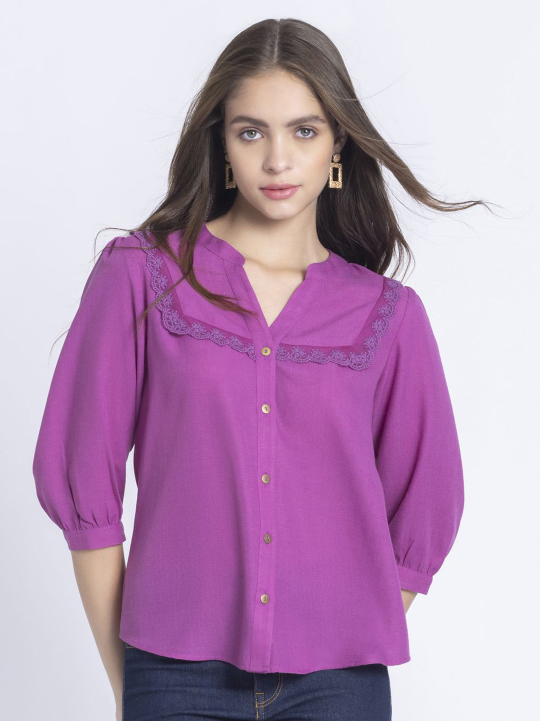 

SHAYE Mandarin Collar Linen Shirt Style Top, Purple