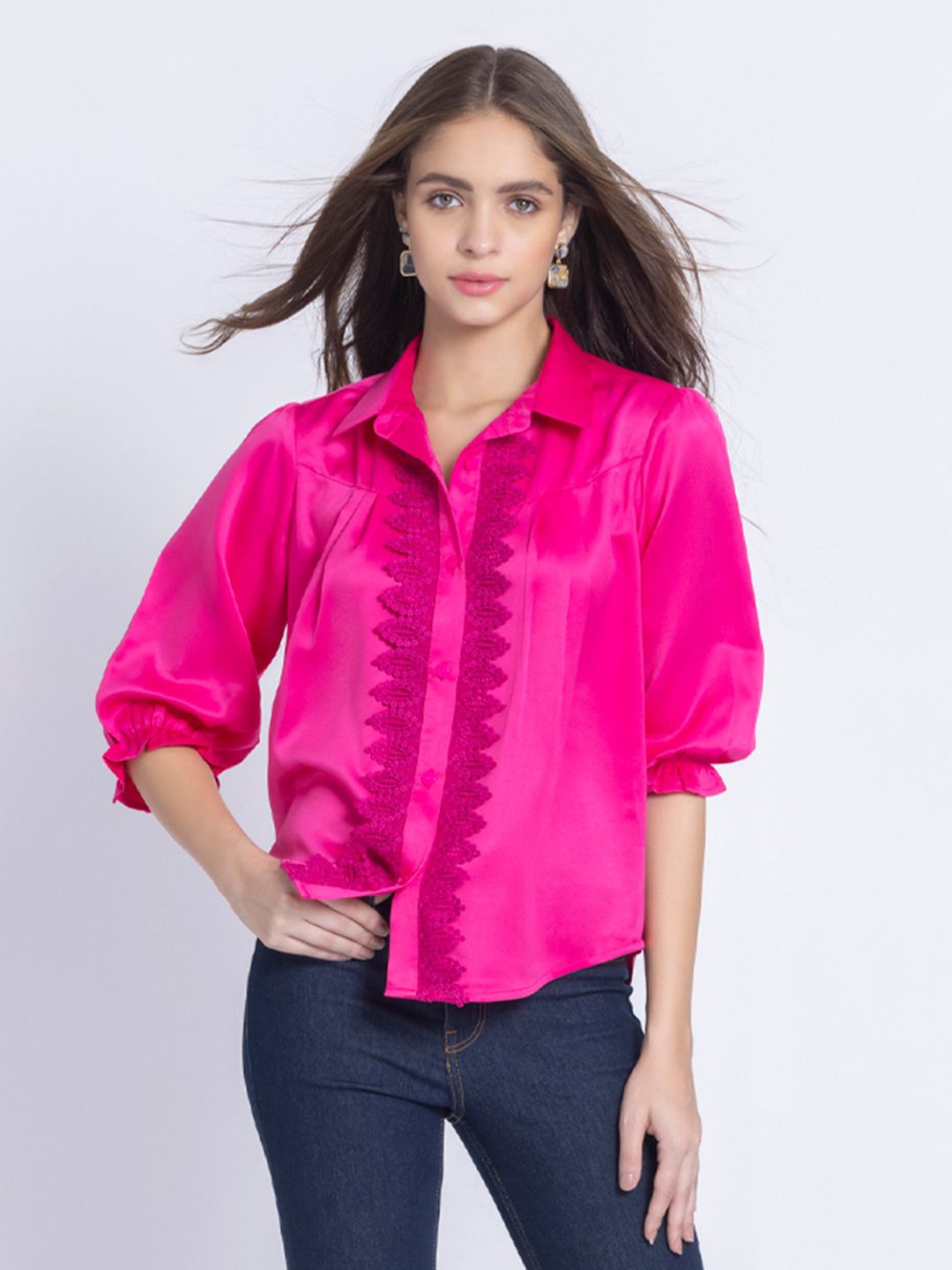 

SHAYE Satin Shirt Style Top, Pink